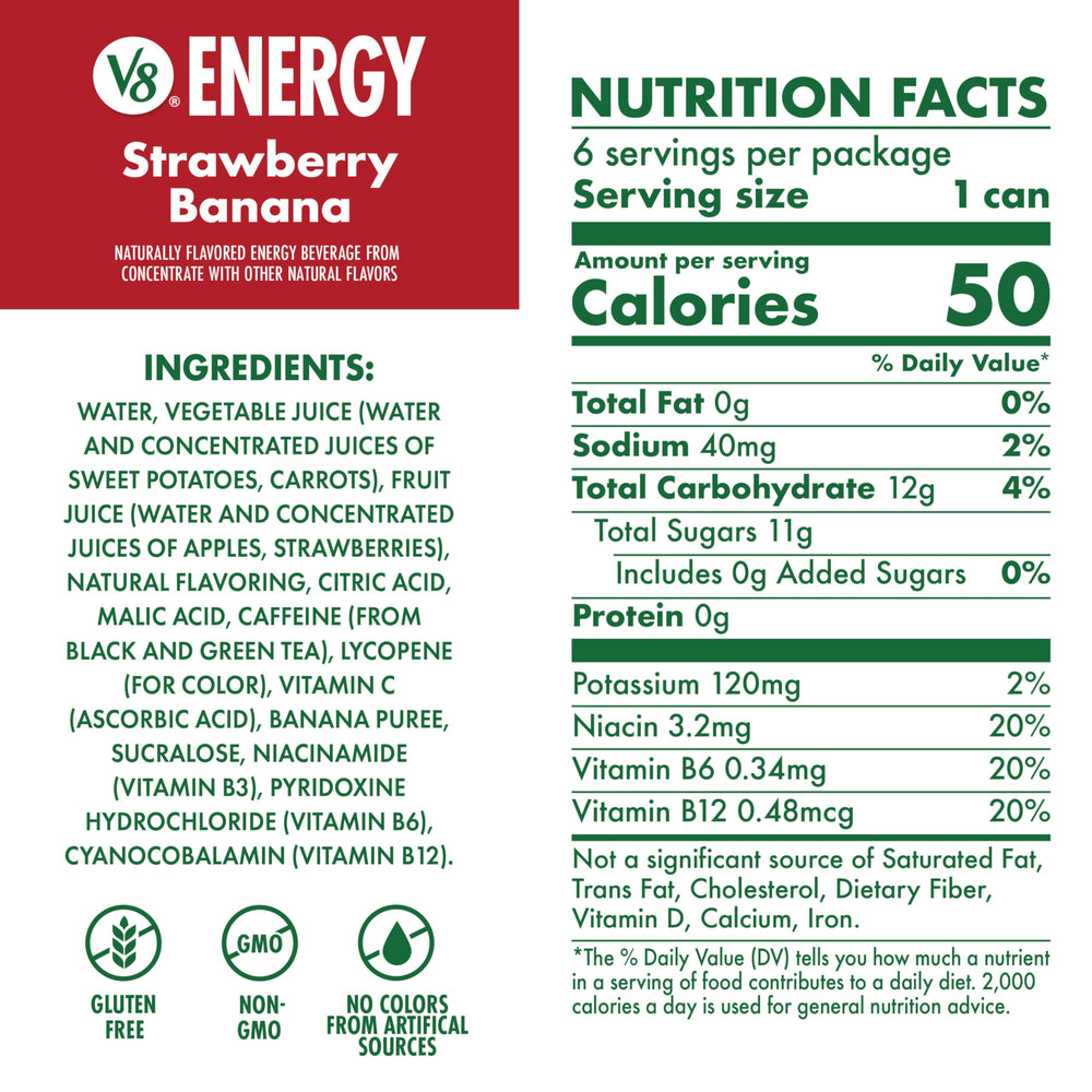 V8 +ENERGY bottle label shows blended vegetables and fruits for daily vitality