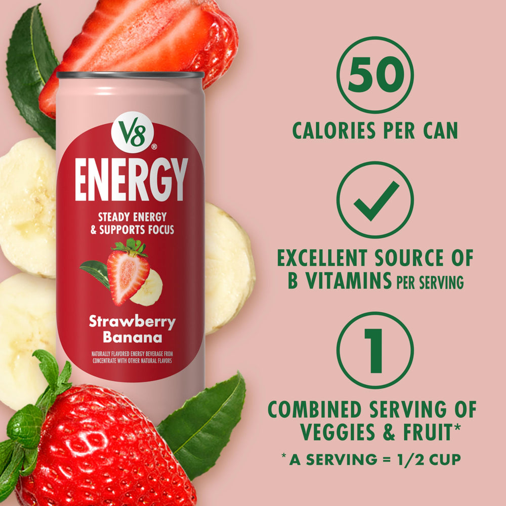V8 +ENERGY label featuring strawberry and banana imagery for fruity taste