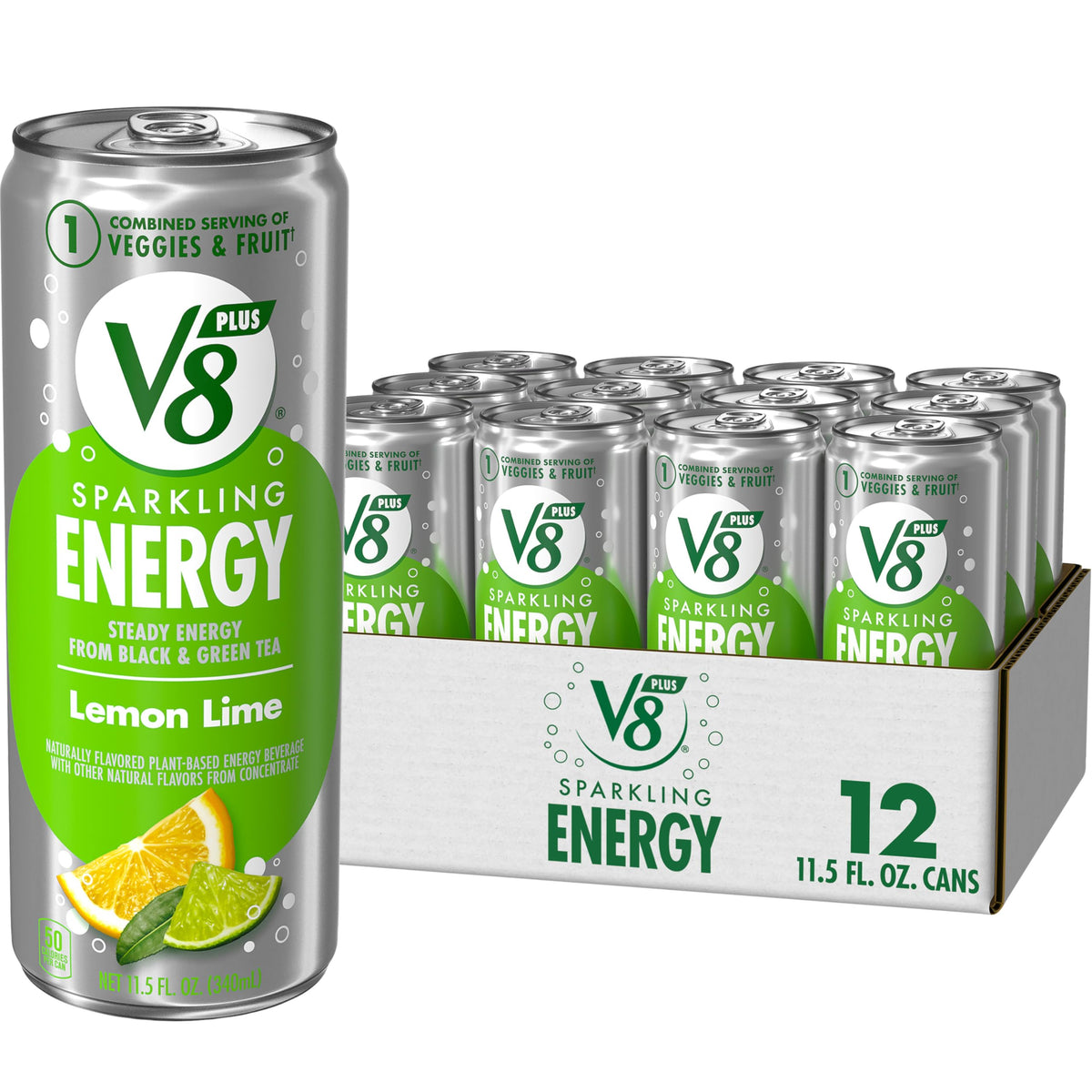 V8 Energy Lemon Lime can with crisp bubbles and real vegetable and fruit juice for a refreshing pick-me-up
