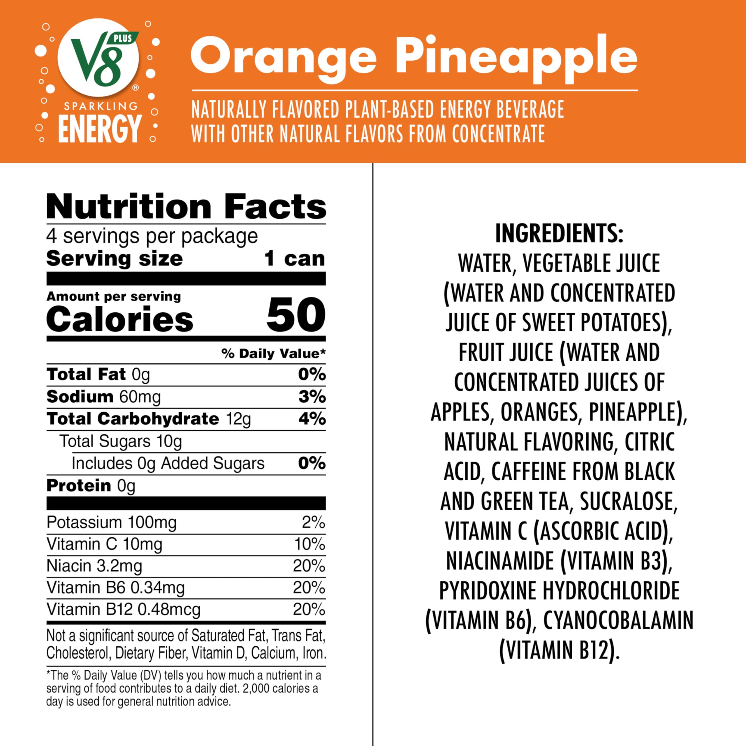 V8 Energy nutrition panel on packaging highlights vitamins and ingredients