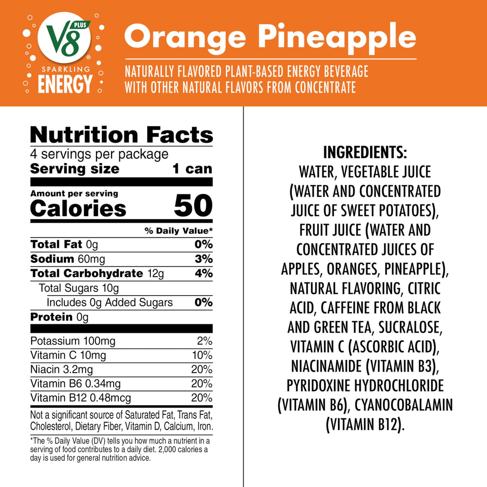 V8 Energy nutrition panel on packaging highlights vitamins and ingredients