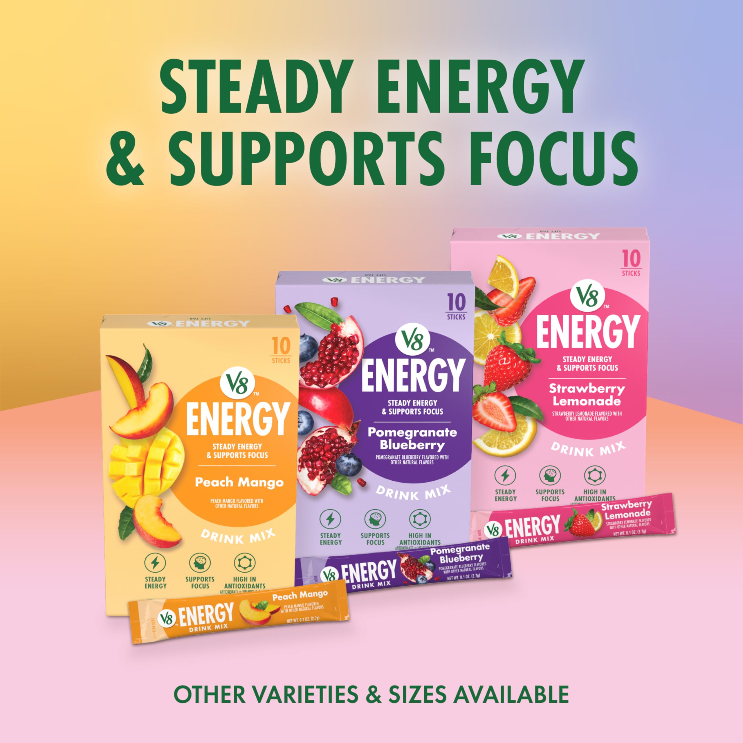 V8 Energy on-the-go packets ideal for travel and busy days