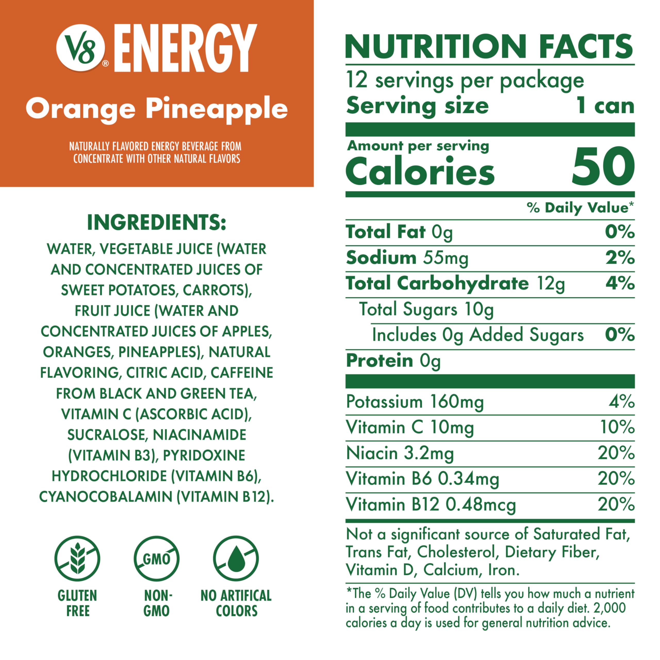 V8 Energy can back label highlights non-GMO and no added sugars