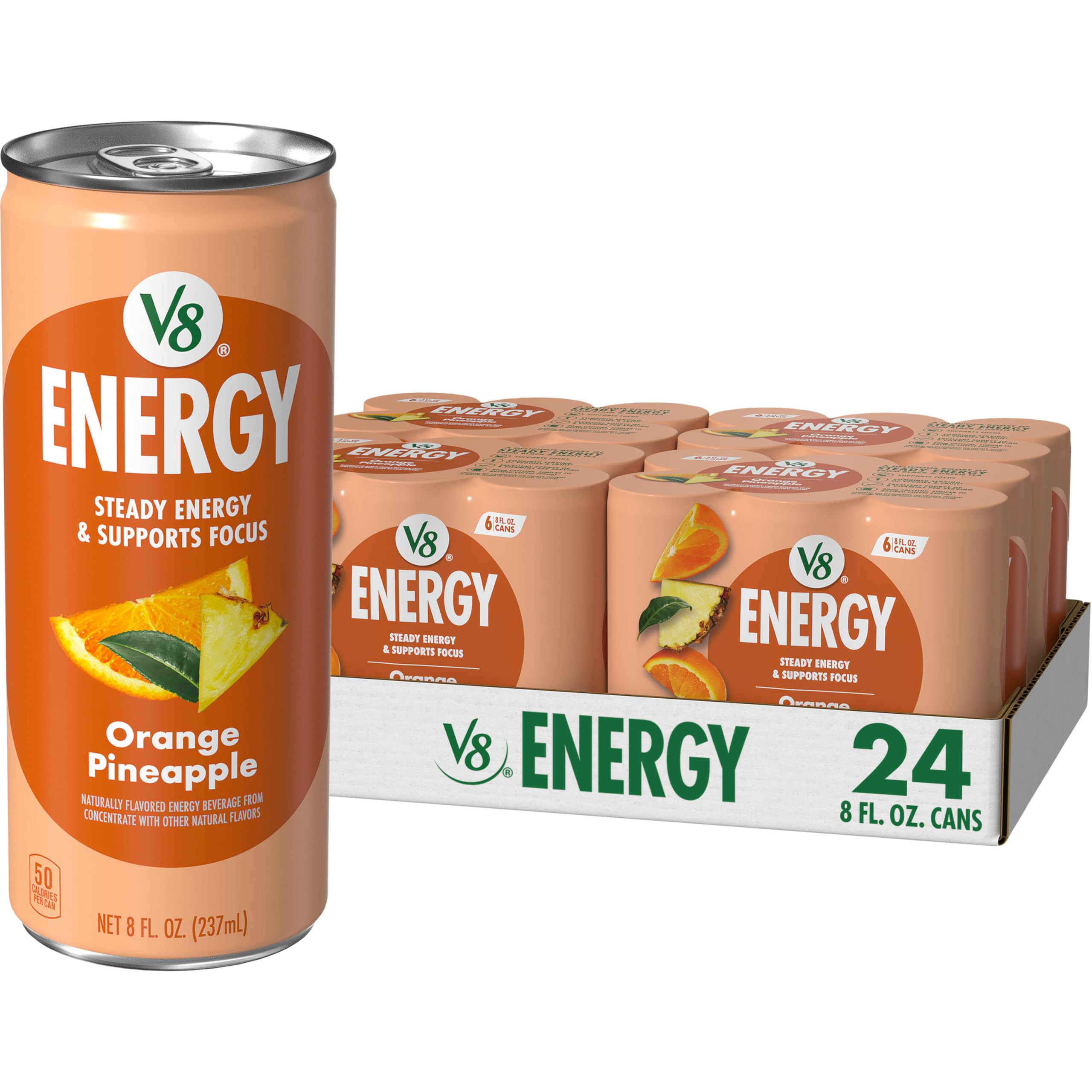 V8 Energy Orange Pineapple can front view, highlighting caffeine boost.