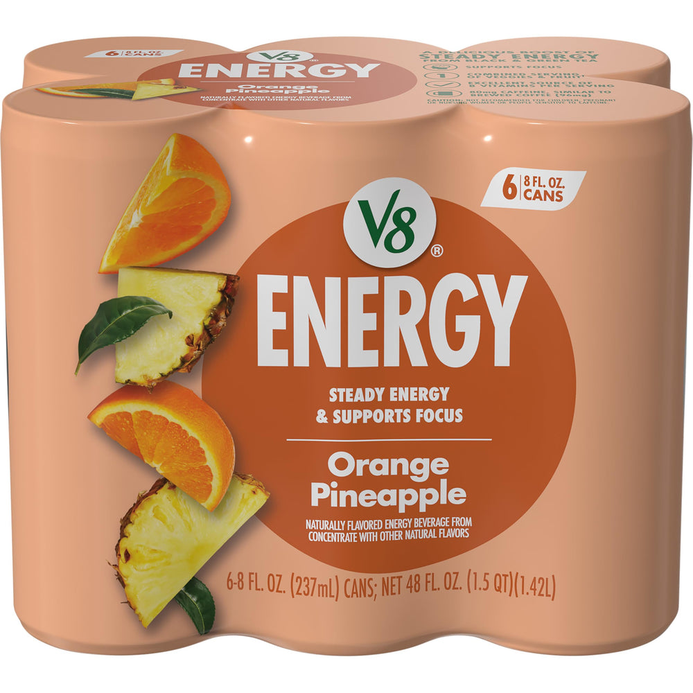 V8 Energy Orange Pineapple can front view showing bold flavor and caffeine boost for daytime focus.