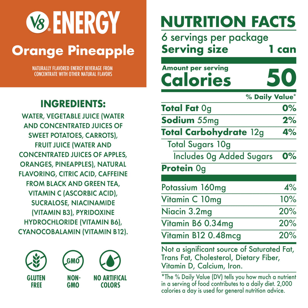 Pouring V8 Energy Orange Pineapple for a refreshing pick-me-up.