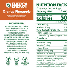 V8 Energy Orange Pineapple can side view highlighting packaging and no added sugars.