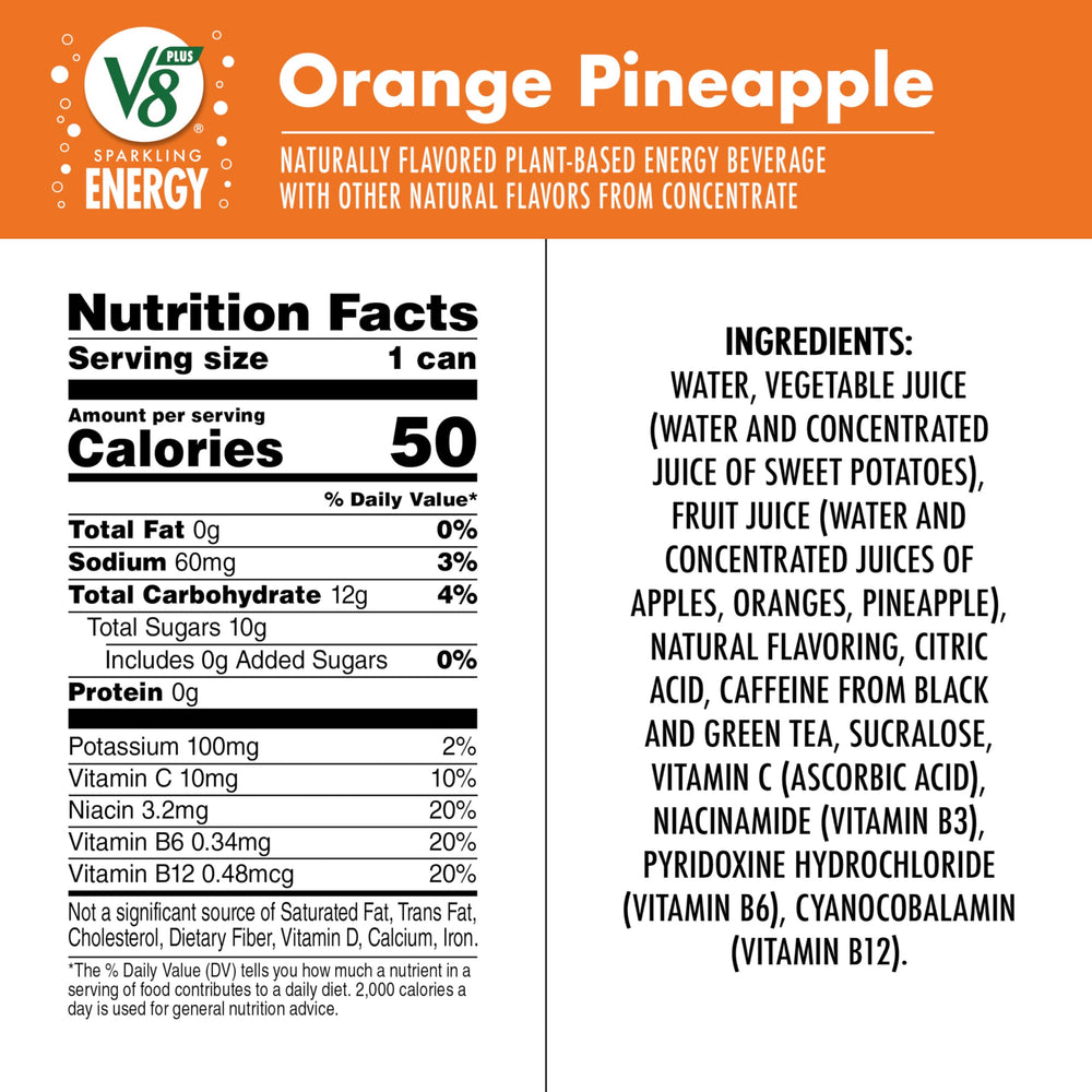 V8 +Energy can tilted shows vibrant fizz ideal for a refreshing afternoon pick-me-up.
