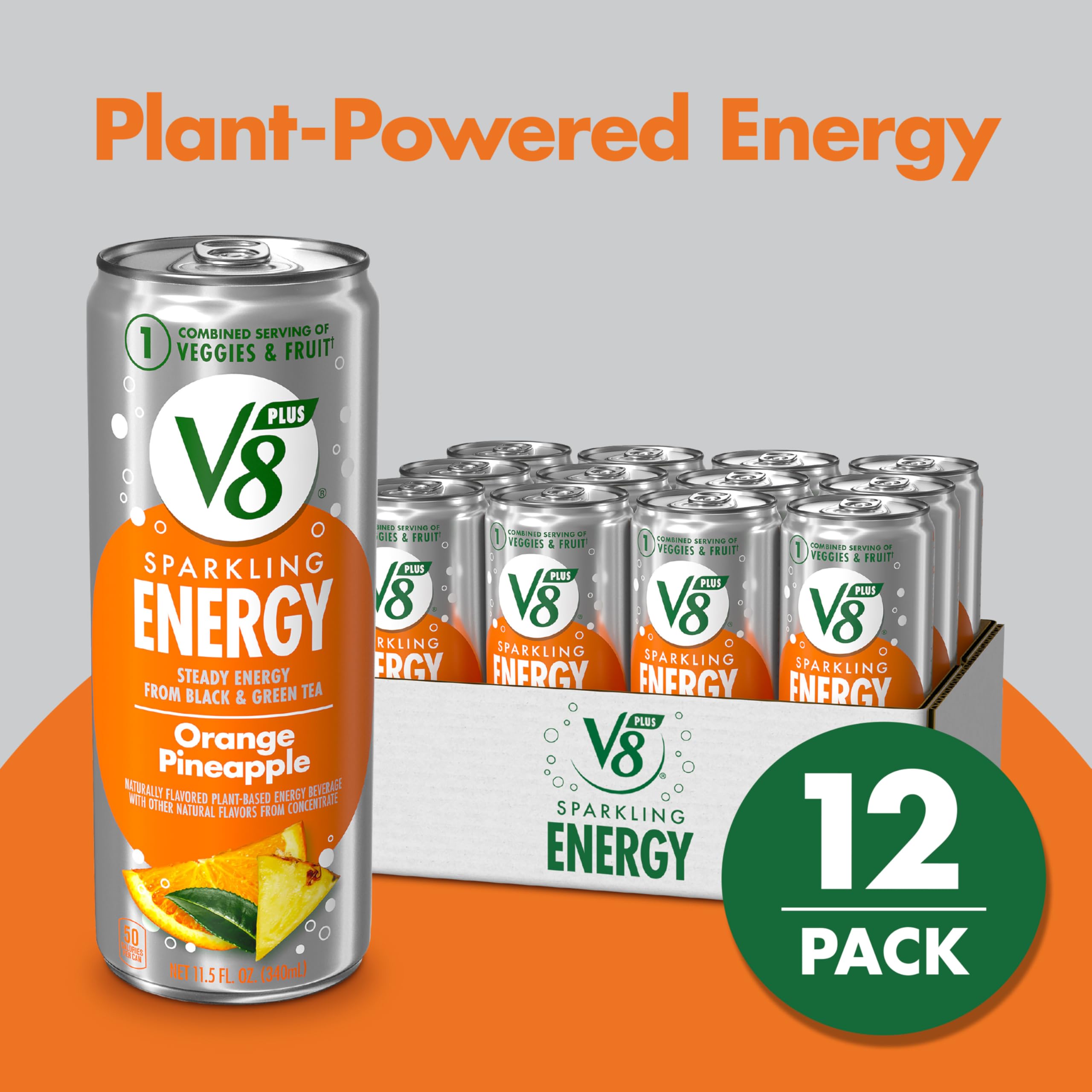 V8 +Energy carbonated serve with glass highlights the combination of veggie and fruit flavors.