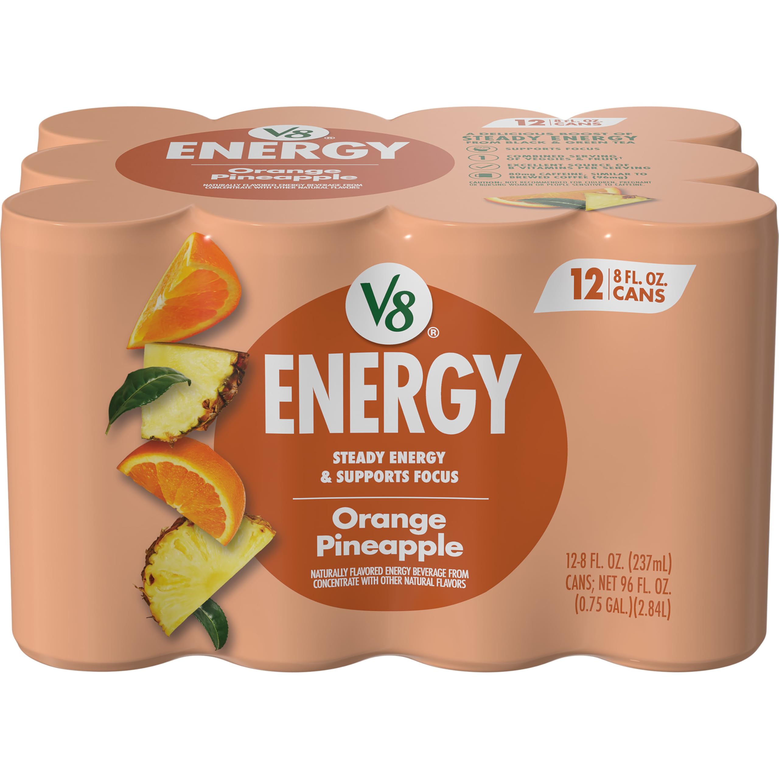 V8 Energy Orange Pineapple can front view showing caffeine boost
