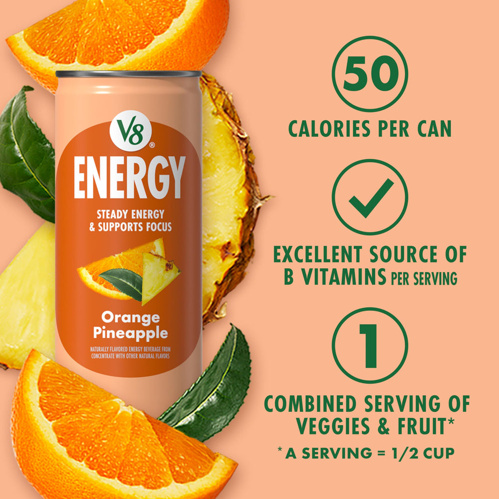 V8 Energy nutrition panel shows 50 calories and 12 g carbs per can