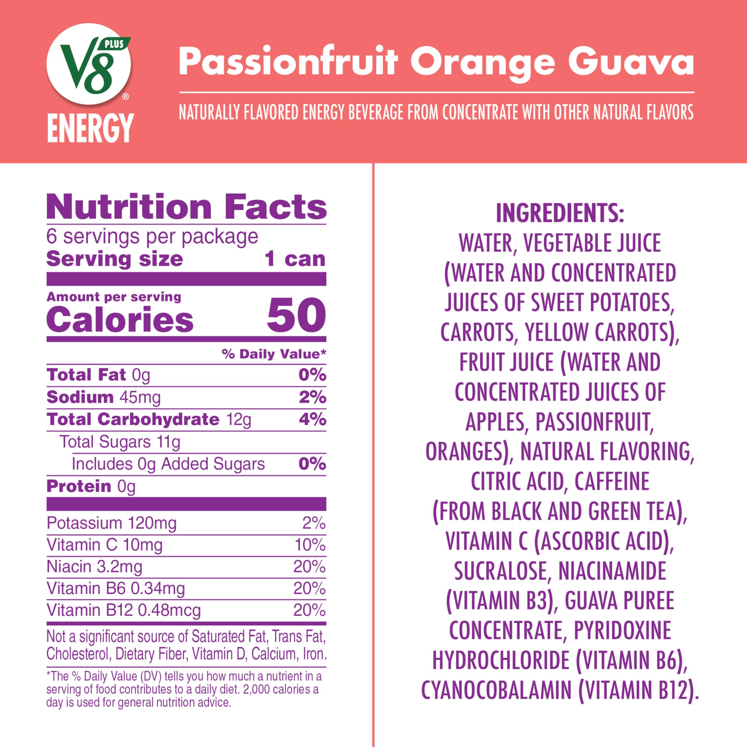 V8 +ENERGY can-front label highlights tropical flavors and caffeine boost
