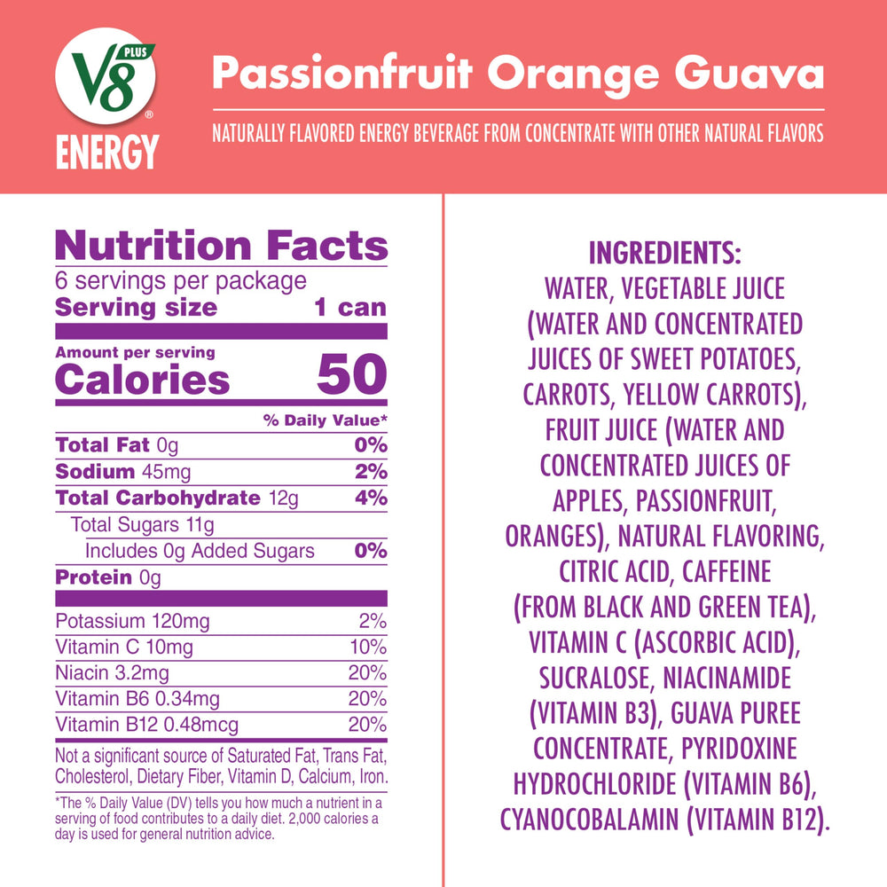 V8 +ENERGY can-front label highlights tropical flavors and caffeine boost