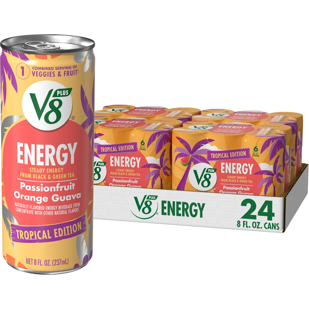 V8 +ENERGY Passionfruit Orange Guava can front with tropical flavor and energy