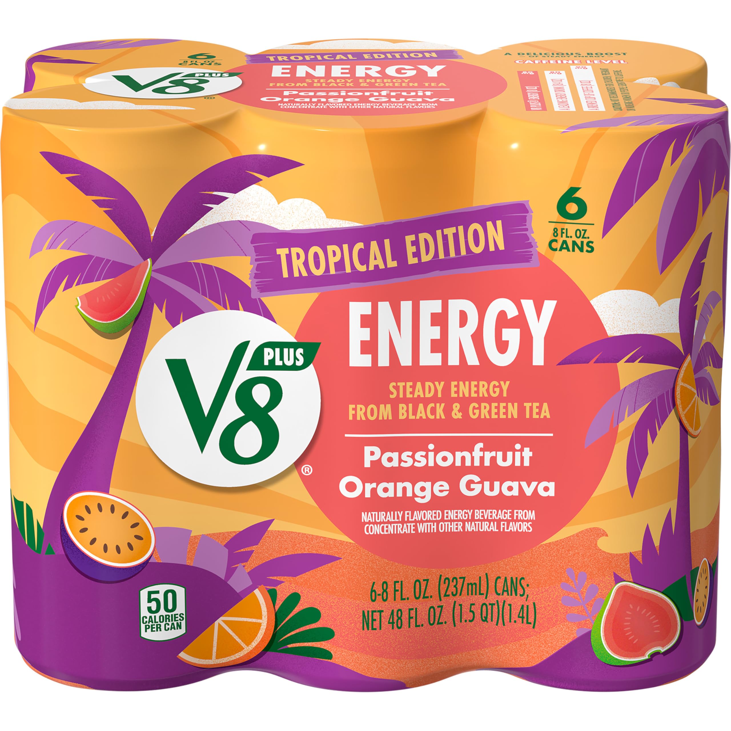 V8 +ENERGY passionfruit orange guava pack can for on-the-go refreshment and energy