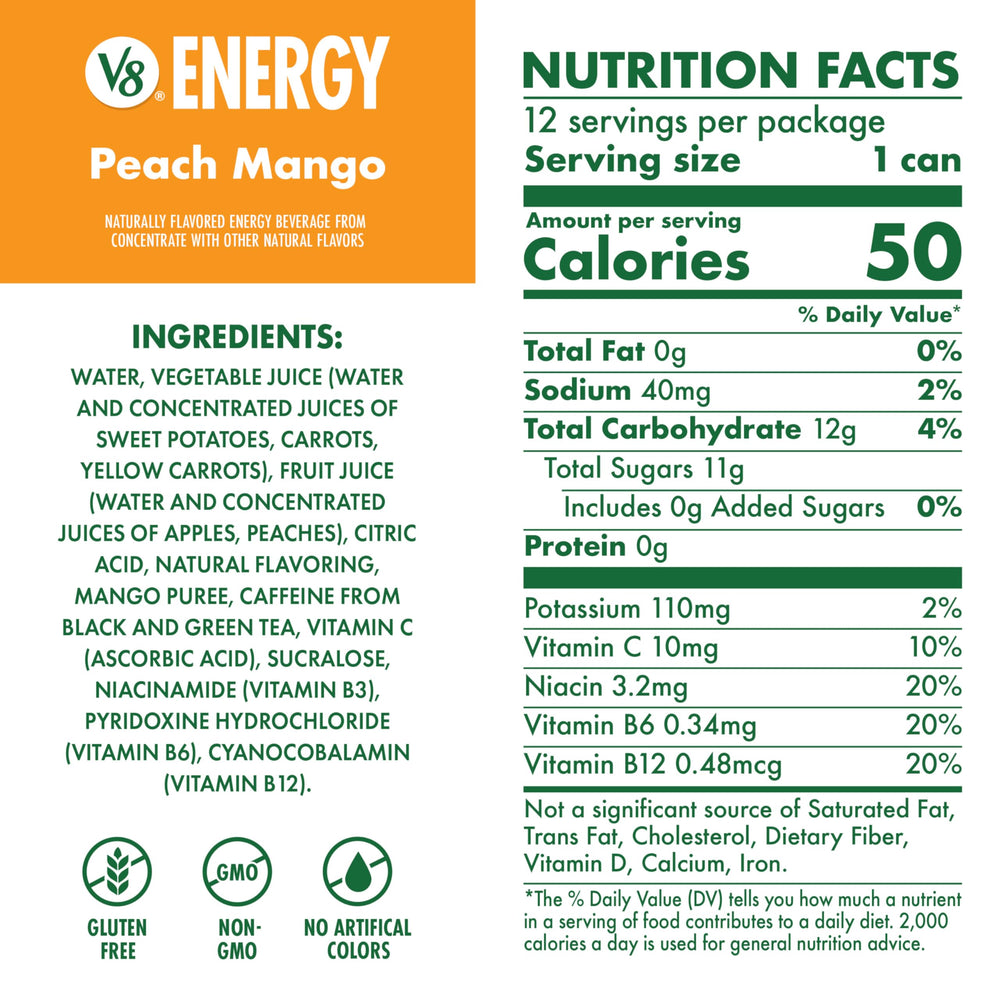 Close-up of V8 Energy Peach Mango label emphasizing non-GMO and no added sugar