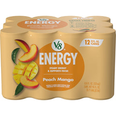 V8 Energy Peach Mango can front view highlighting bold flavor and steady energy