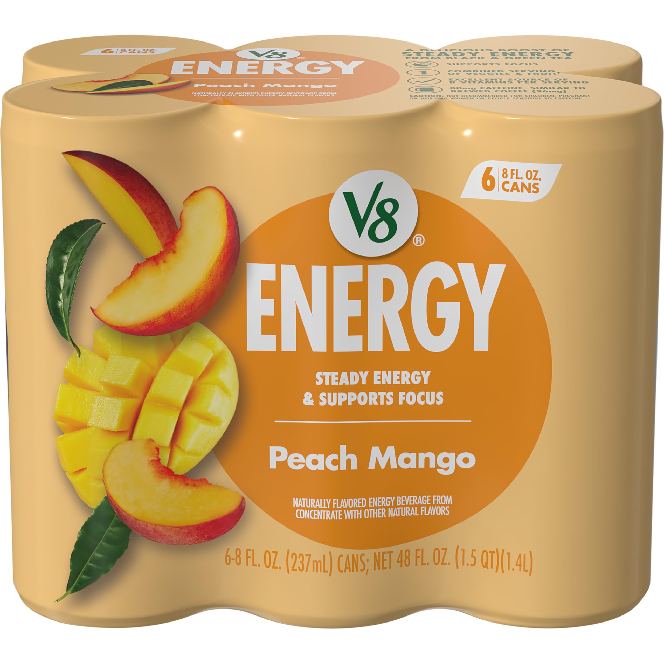 V8 Energy Peach Mango can front view, highlighting a refreshing pick-me-up on the go.