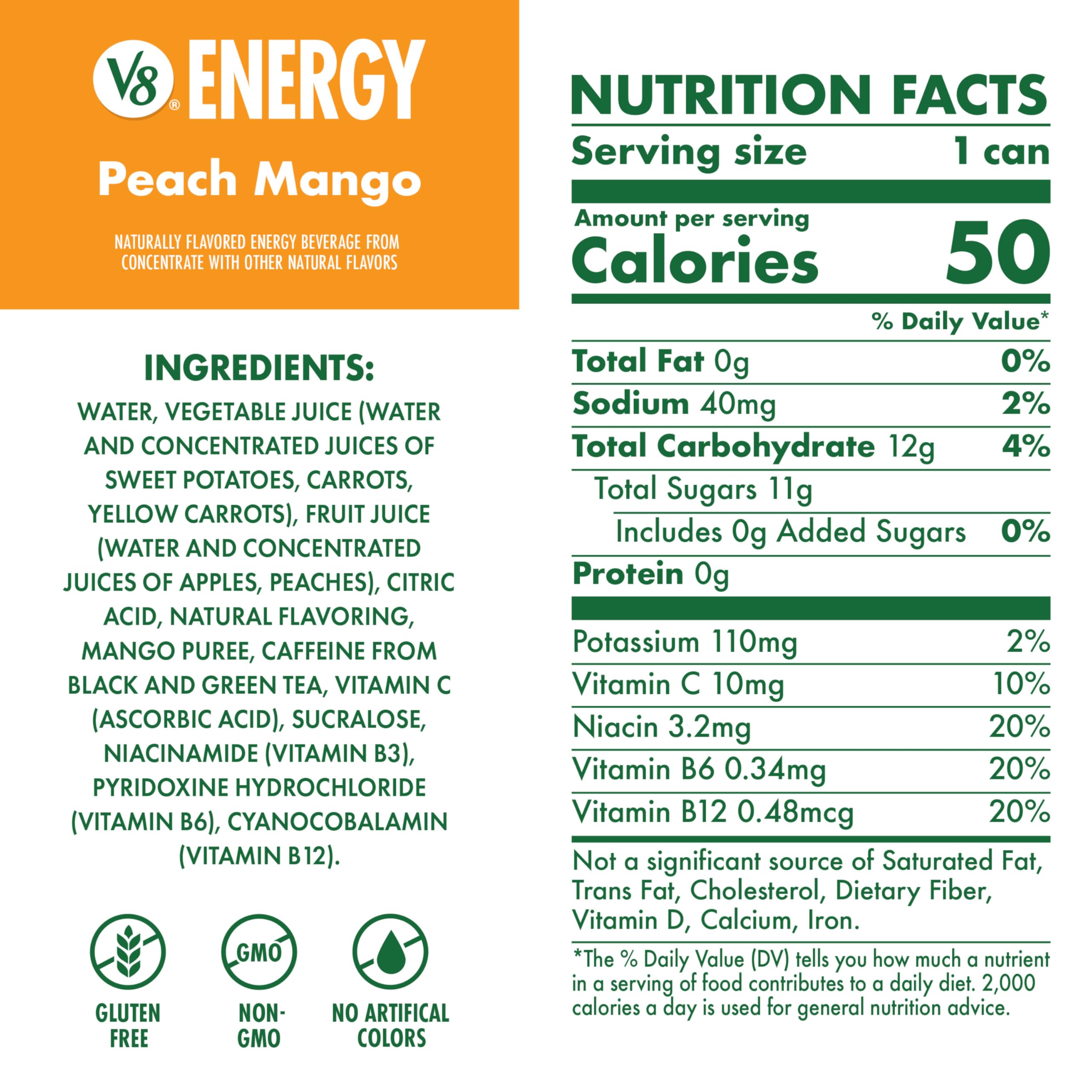 Chilled V8 Energy Peach Mango can on a kitchen counter ready to drink.