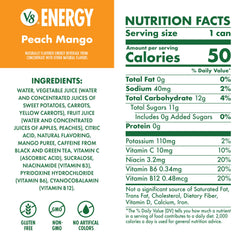 Chilled V8 Energy Peach Mango can on a kitchen counter ready to drink.