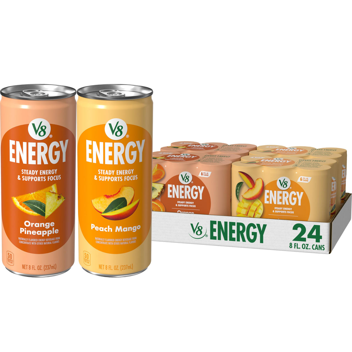 V8 Energy Peach Mango can for a refreshing energy boost
