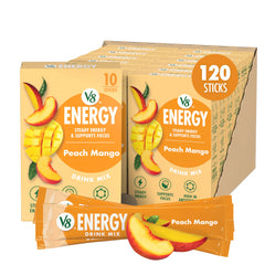 V8 Energy Peach Mango packet front view shows convenient on-the-go energy.