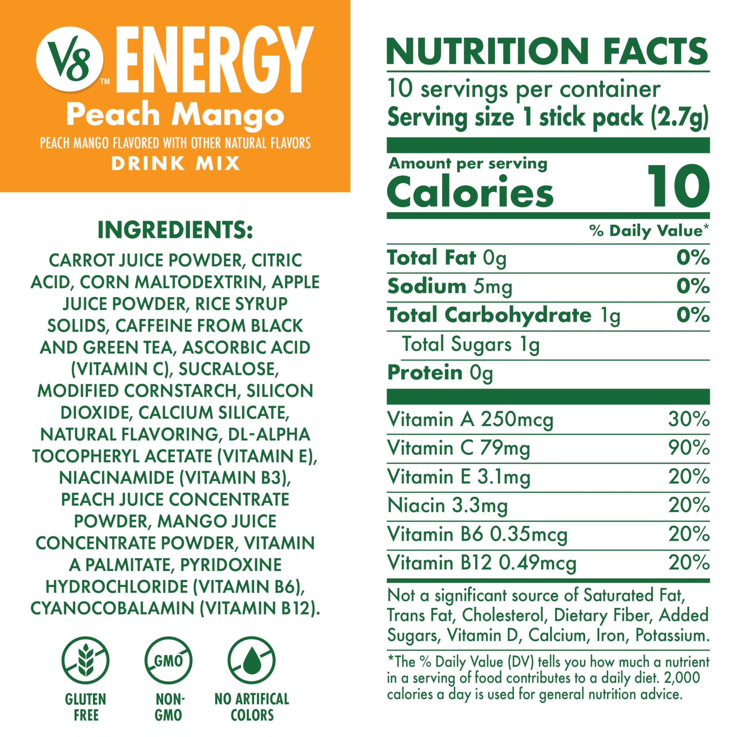 V8 Energy Peach Mango powder close-up highlighting flavorful energy boost.