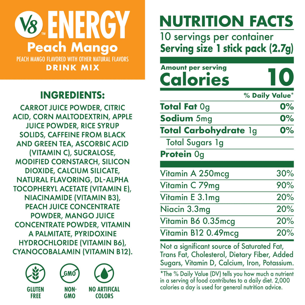 V8 Energy Peach Mango powder close-up highlighting flavorful energy boost.