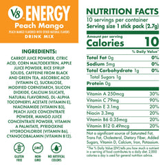 V8 Energy Peach Mango powder close-up highlighting flavorful energy boost.