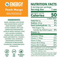 V8 Energy Peach Mango six-pack display suggesting convenient on-the-go energy.