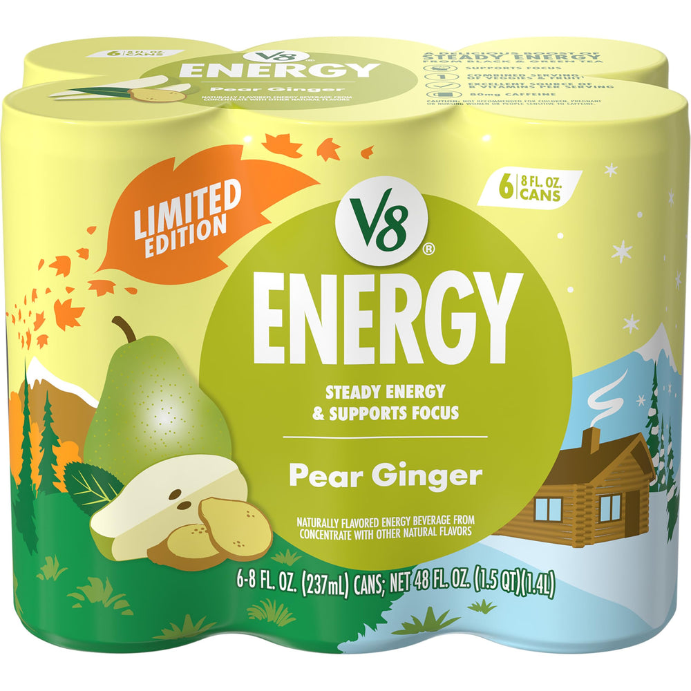 V8 Energy Pear Ginger 8oz can close-up for a quick energy boost on busy mornings