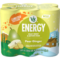 V8 Energy Pear Ginger 8oz can close-up for a quick energy boost on busy mornings