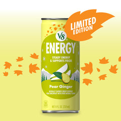 V8 Energy Pear Ginger can label highlights 80 mg caffeine per can