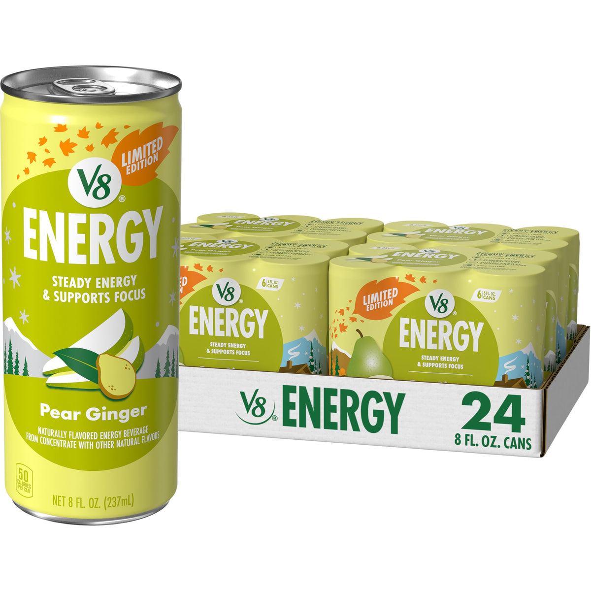V8 Energy Pear Ginger energy can front shows flavor and caffeine boost for focus