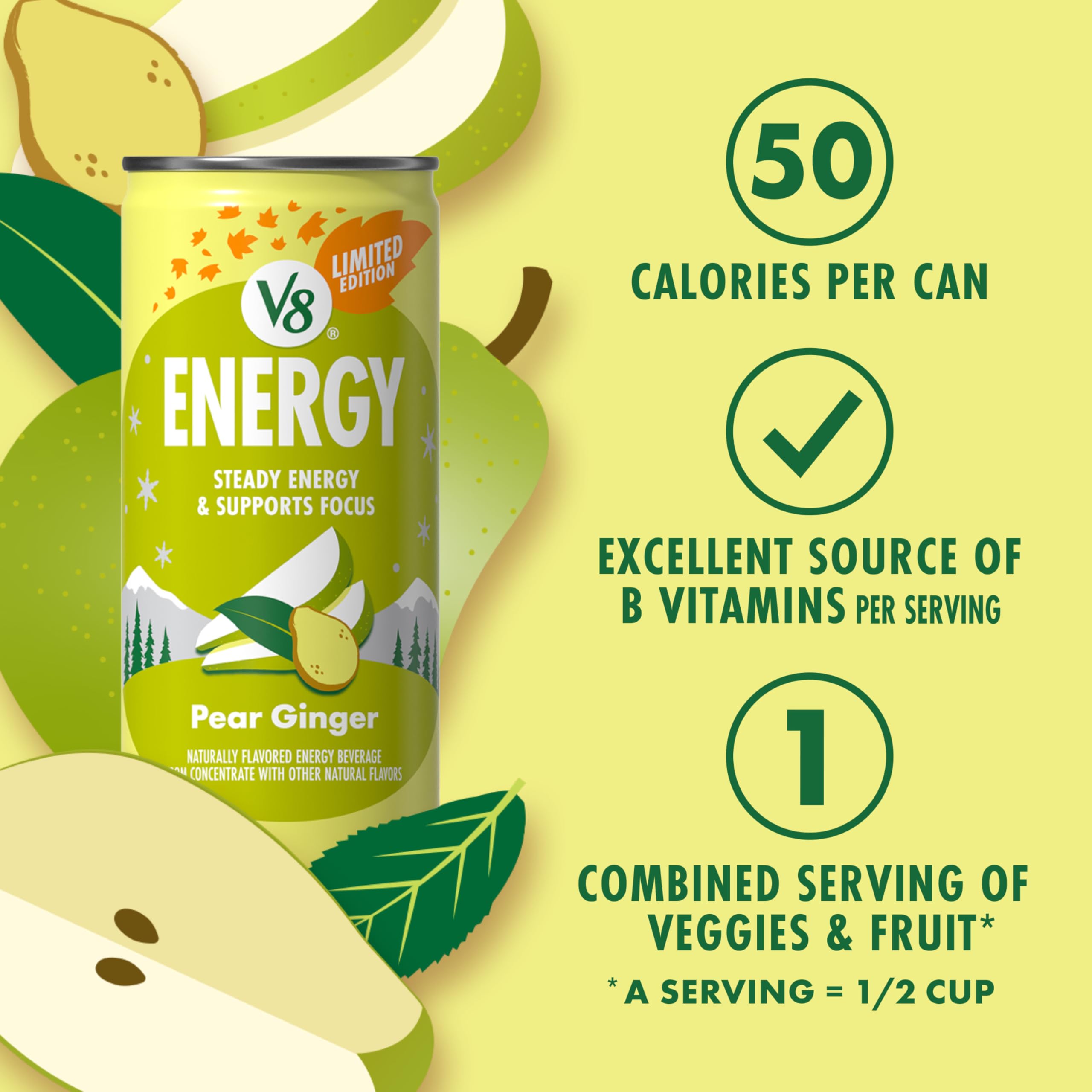 Mocktail style setup with V8 Energy Pear Ginger for a flavorful evening option