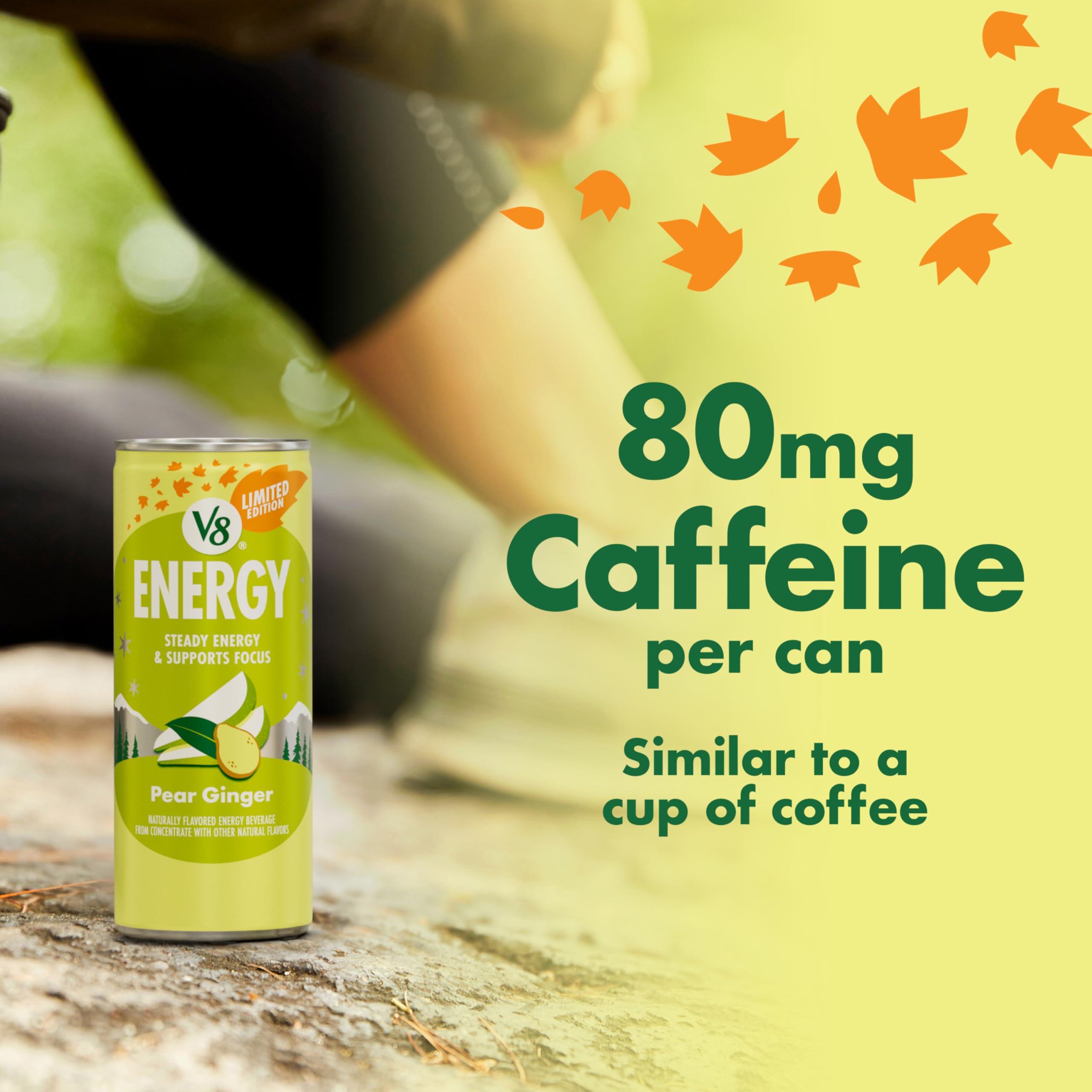 V8 Energy Pear Ginger non-GMO badge and gluten-free claim for mindful shoppers