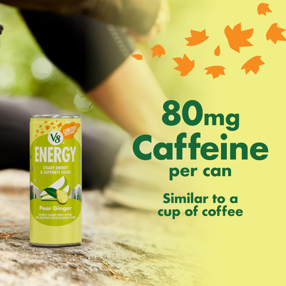 V8 Energy Pear Ginger non-GMO badge and gluten-free claim for mindful shoppers