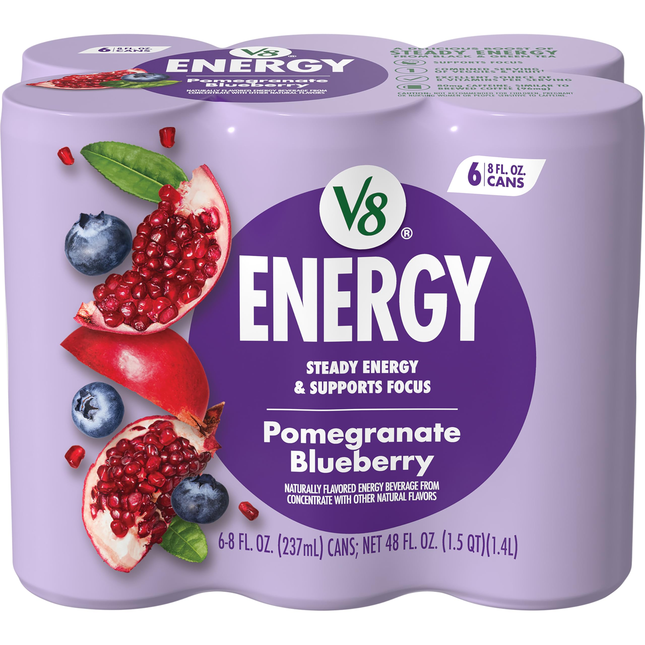 V8 +Energy Pomegranate Blueberry can front for a fruity caffeine boost.