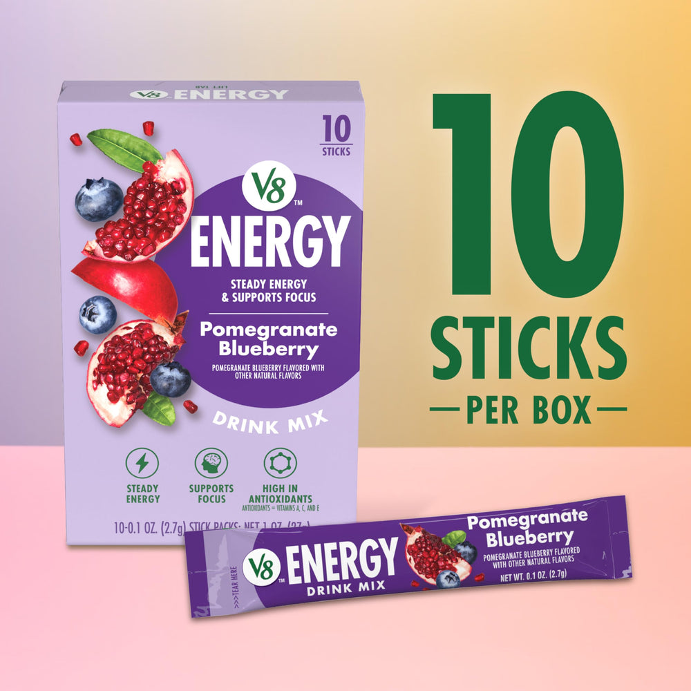 V8 Energy Pomegranate Blueberry drink after mixing for sustained focus.