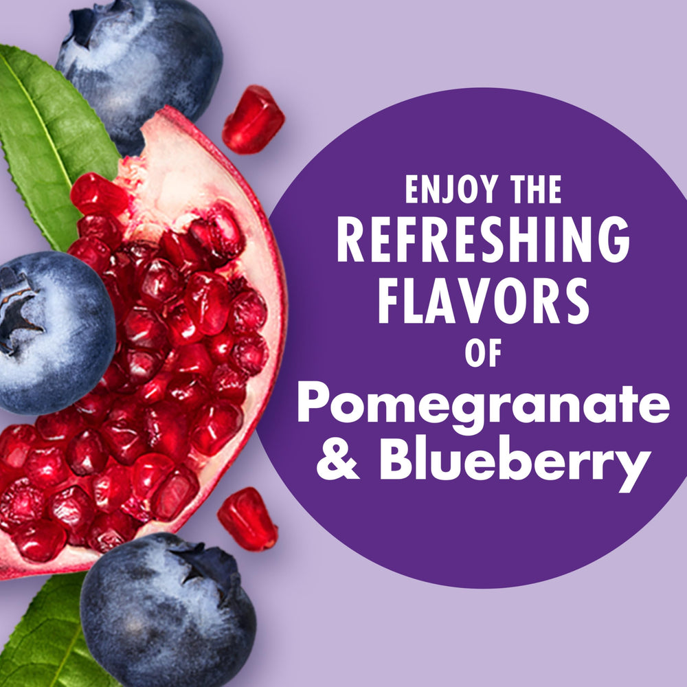 V8 Energy Pomegranate Blueberry in glass with ice suggests mocktail-ready refreshment