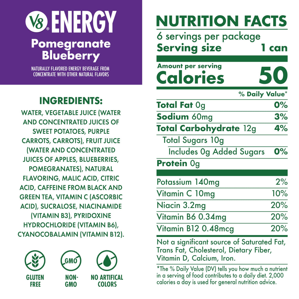 Six-pack display of V8 +Energy Pomegranate Blueberry for on-the-go energy.
