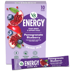 V8 Energy Pomegranate Blueberry packets ready to mix for on-the-go energy