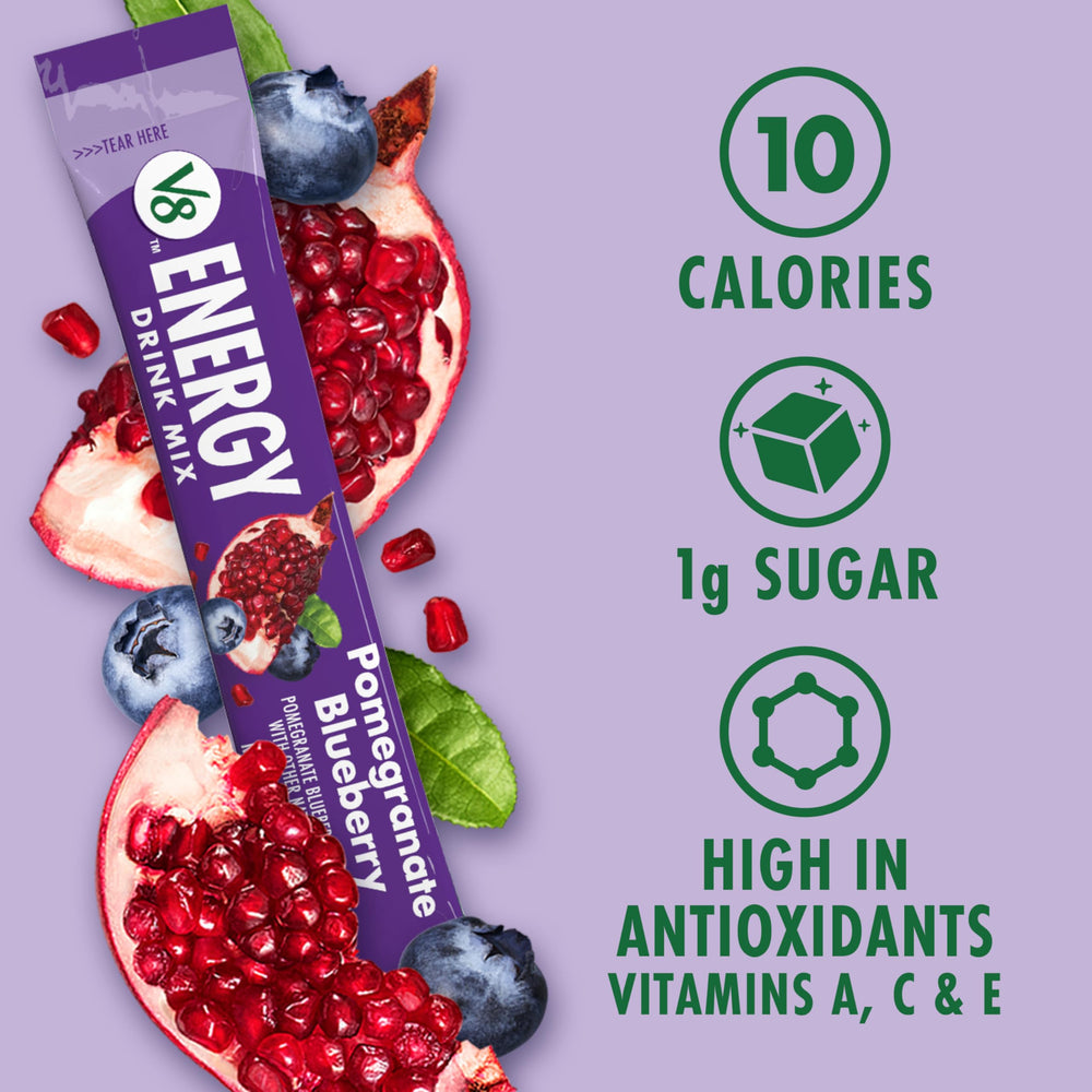 V8 Energy Pomegranate Blueberry serving glass showing vibrant color and flavor.