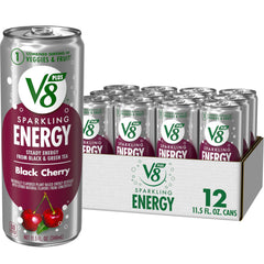 V8 +ENERGY Sparkling Black Cherry can front view, ideal for on-the-go energy.