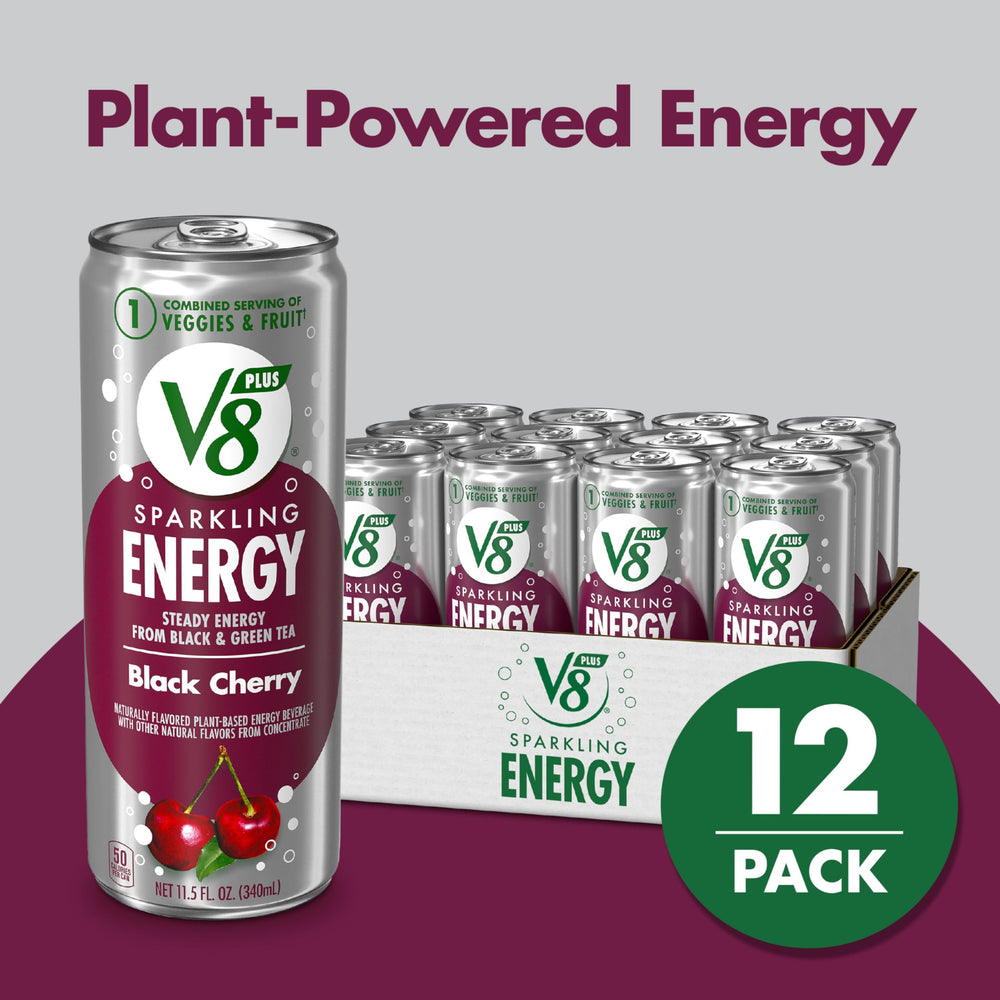 Pouring V8 +ENERGY Sparkling Black Cherry into a glass, great for morning energy.