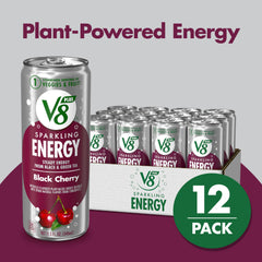 Pouring V8 +ENERGY Sparkling Black Cherry into a glass, great for morning energy.