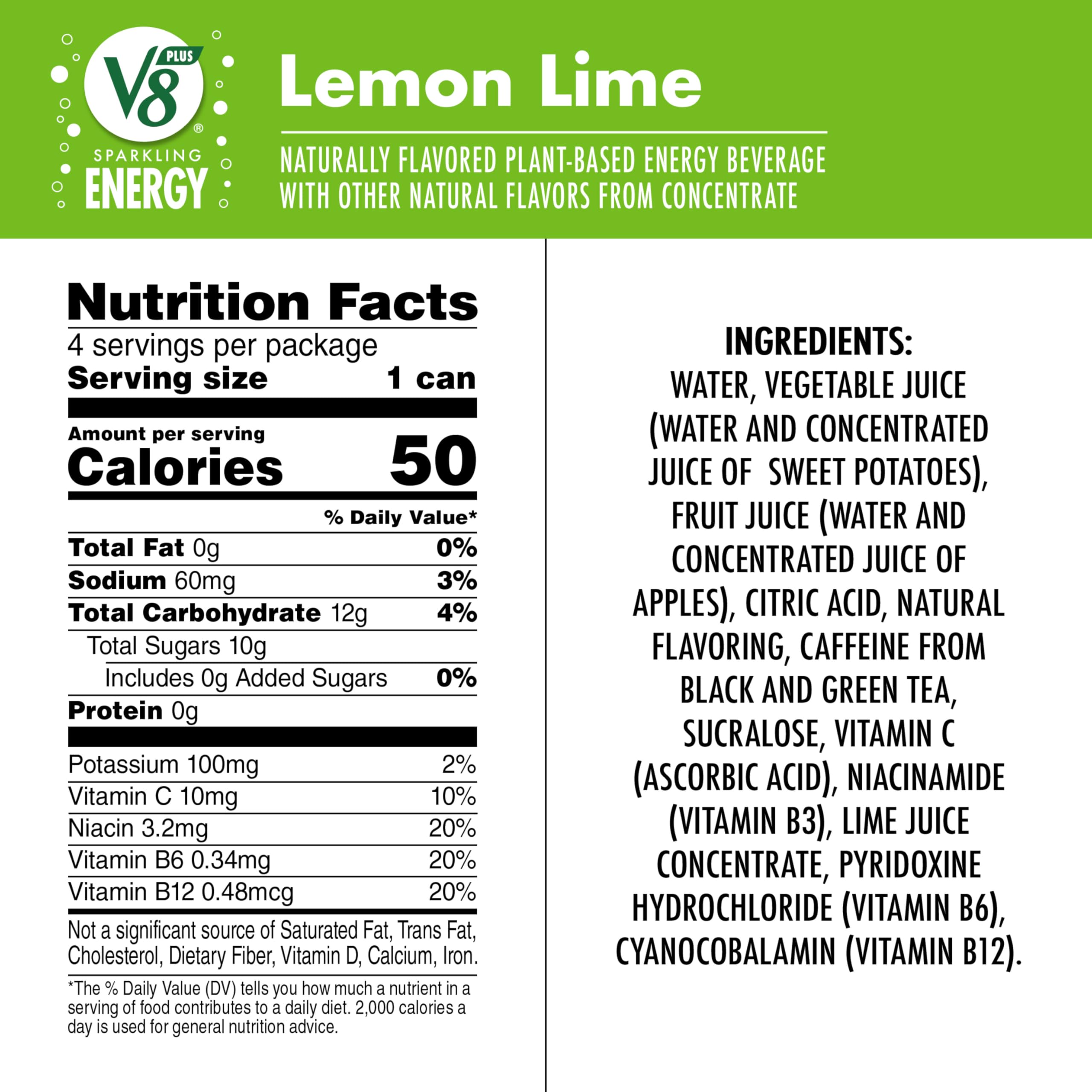 Side view of V8 +Energy Lemon Lime can highlighting vibrant citrus flavors