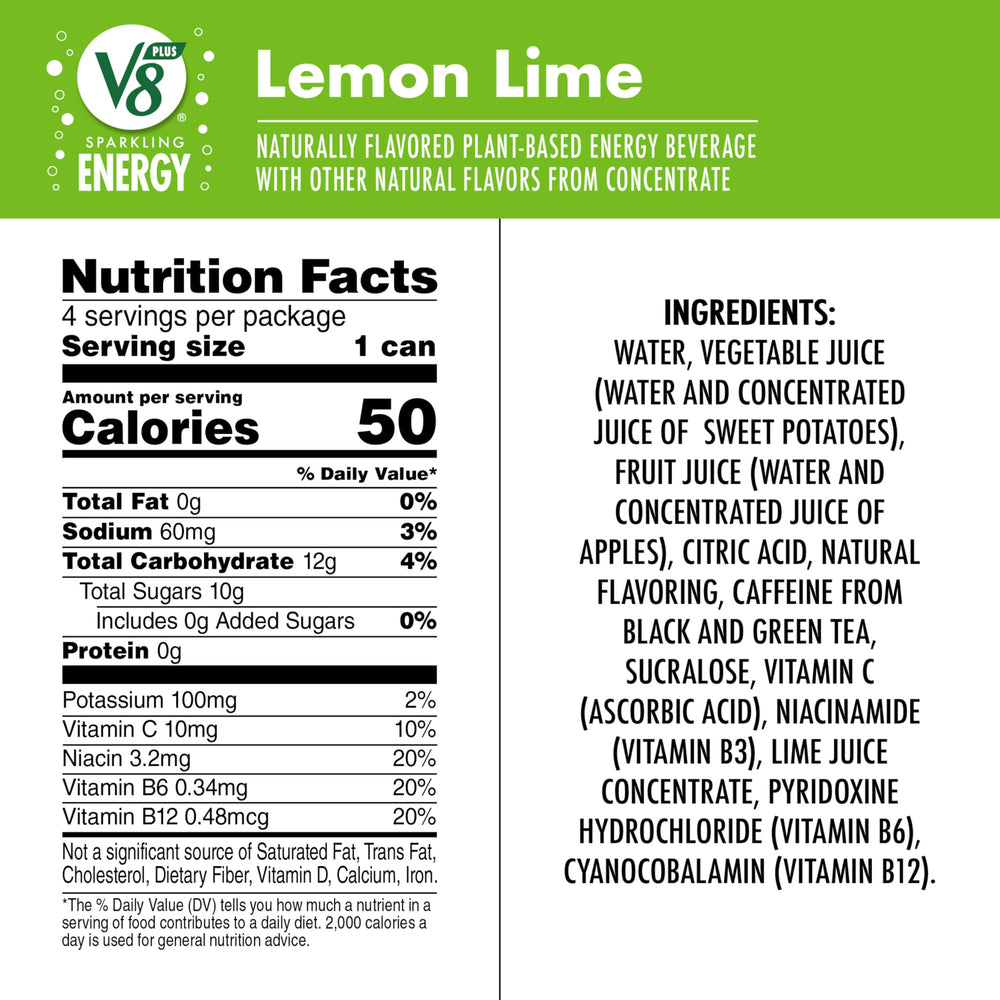Side view of V8 +Energy Lemon Lime can highlighting vibrant citrus flavors