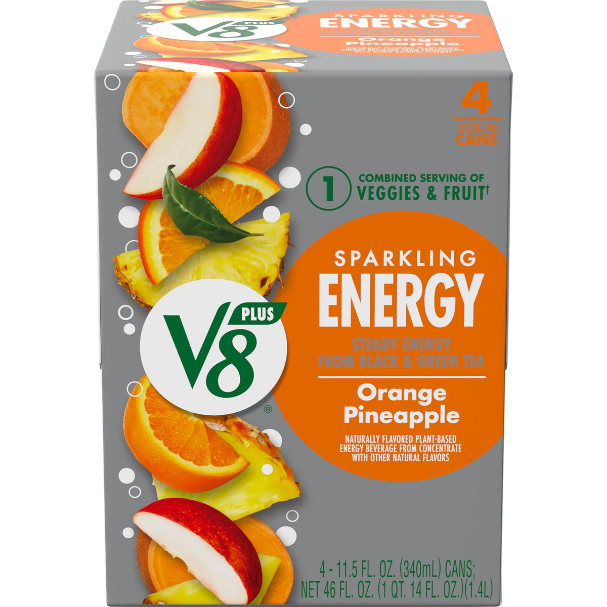 V8 Energy Sparkling Orange Pineapple can closeup showing natural energy boost