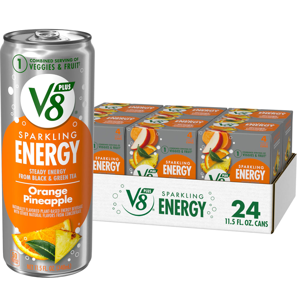 V8 +Energy sparkling orange pineapple can for a plant-based energy boost on the go.